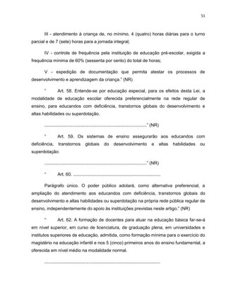 51
III - atendimento à criança de, no mínimo, 4 (quatro) horas diárias para o turno
parcial e de 7 (sete) horas para a jornada integral;
IV - controle de frequência pela instituição de educação pré-escolar, exigida a
frequência mínima de 60% (sessenta por cento) do total de horas;
V - expedição de documentação que permita atestar os processos de
desenvolvimento e aprendizagem da criança.” (NR)
“ Art. 58. Entende-se por educação especial, para os efeitos desta Lei, a
modalidade de educação escolar oferecida preferencialmente na rede regular de
ensino, para educandos com deficiência, transtornos globais do desenvolvimento e
altas habilidades ou superdotação.
...................................................................................” (NR)
“ Art. 59. Os sistemas de ensino assegurarão aos educandos com
deficiência, transtornos globais do desenvolvimento e altas habilidades ou
superdotação:
...................................................................................” (NR)
“ Art. 60. .......................................................................
Parágrafo único. O poder público adotará, como alternativa preferencial, a
ampliação do atendimento aos educandos com deficiência, transtornos globais do
desenvolvimento e altas habilidades ou superdotação na própria rede pública regular de
ensino, independentemente do apoio às instituições previstas neste artigo.” (NR)
“ Art. 62. A formação de docentes para atuar na educação básica far-se-á
em nível superior, em curso de licenciatura, de graduação plena, em universidades e
institutos superiores de educação, admitida, como formação mínima para o exercício do
magistério na educação infantil e nos 5 (cinco) primeiros anos do ensino fundamental, a
oferecida em nível médio na modalidade normal.
..............................................................................................
 