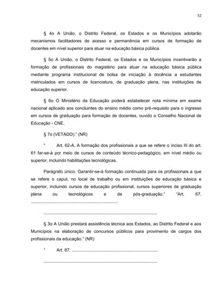52
§ 4o A União, o Distrito Federal, os Estados e os Municípios adotarão
mecanismos facilitadores de acesso e permanência em cursos de formação de
docentes em nível superior para atuar na educação básica pública.
§ 5o A União, o Distrito Federal, os Estados e os Municípios incentivarão a
formação de profissionais do magistério para atuar na educação básica pública
mediante programa institucional de bolsa de iniciação à docência a estudantes
matriculados em cursos de licenciatura, de graduação plena, nas instituições de
educação superior.
§ 6o O Ministério da Educação poderá estabelecer nota mínima em exame
nacional aplicado aos concluintes do ensino médio como pré-requisito para o ingresso
em cursos de graduação para formação de docentes, ouvido o Conselho Nacional de
Educação - CNE.
§ 7o (VETADO).” (NR)
“ Art. 62-A. A formação dos profissionais a que se refere o inciso III do art.
61 far-se-á por meio de cursos de conteúdo técnico-pedagógico, em nível médio ou
superior, incluindo habilitações tecnológicas.
Parágrafo único. Garantir-se-á formação continuada para os profissionais a que
se refere o caput, no local de trabalho ou em instituições de educação básica e
superior, incluindo cursos de educação profissional, cursos superiores de graduação
plena ou tecnológicos e de pós-graduação.” “Art. 67.
........................................................................
..............................................................................................
§ 3o A União prestará assistência técnica aos Estados, ao Distrito Federal e aos
Municípios na elaboração de concursos públicos para provimento de cargos dos
profissionais da educação.” (NR)
“ Art. 87. .......................................................................
..............................................................................................
 
