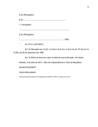 53
§ 2o (Revogado).
§ 3o ...............................................................................
I - (revogado);
..............................................................................................
§ 4o (Revogado).
...................................................................................” (NR)
“ Art. 87-A. (VETADO).”
Art. 2o Revogam-se o § 2o, o inciso I do § 3o e o § 4o do art. 87 da Lei no
9.394, de 20 de dezembro de 1996.
Art. 3o Esta Lei entra em vigor na data de sua publicação. Ver tópico
Brasília, 4 de abril de 2013; 192o da Independência e 125o da República.
DILMA ROUSSEFF
Aloizio Mercadante
http://presrepublica.jusbrasil.com.br/legislacao/1034524/lei-12796-13 .Acesso.22.10.2014
 