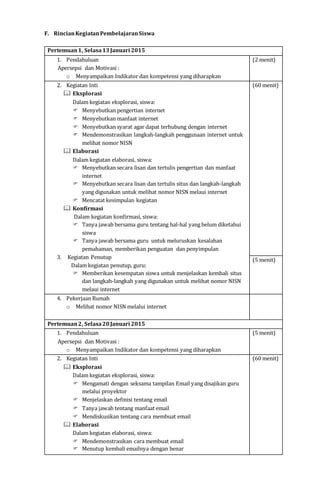 F. RincianKegiatanPembelajaranSiswa
Pertemuan1, Selasa13Januari 2015
1. Pendahuluan
Apersepsi dan Motivasi :
o Menyampaikan Indikator dan kompetensi yang diharapkan
(2 menit)
2. Kegiatan Inti
 Eksplorasi
Dalam kegiatan eksplorasi, siswa:
 Menyebutkan pengertian internet
 Menyebutkan manfaat internet
 Menyebutkan syarat agar dapat terhubung dengan internet
 Mendemonstrasikan langkah-langkah penggunaan internet untuk
melihat nomor NISN
 Elaborasi
Dalam kegiatan elaborasi, siswa:
 Menyebutkan secara lisan dan tertulis pengertian dan manfaat
internet
 Menyebutkan secara lisan dan tertulis situs dan langkah-langkah
yang digunakan untuk melihat nomor NISN melaui internet
 Mencatat kesimpulan kegiatan
 Konfirmasi
Dalam kegiatan konfirmasi, siswa:
 Tanya jawab bersama guru tentang hal-hal yang belum diketahui
siswa
 Tanya jawab bersama guru untuk meluruskan kesalahan
pemahaman, memberikan penguatan dan penyimpulan
3. Kegiatan Penutup
Dalam kegiatan penutup, guru:
 Memberikan kesempatan siswa untuk menjelaskan kembali situs
dan langkah-langkah yang digunakan untuk melihat nomor NISN
melaui internet
(60 menit)
(5 menit)
4. Pekerjaan Rumah
o Melihat nomor NISN melalui internet
Pertemuan2, Selasa20Januari 2015
1. Pendahuluan
Apersepsi dan Motivasi :
o Menyampaikan Indikator dan kompetensi yang diharapkan
(5 menit)
2. Kegiatan Inti
 Eksplorasi
Dalam kegiatan eksplorasi, siswa:
 Mengamati dengan seksama tampilan Email yang disajikan guru
melalui proyektor
 Menjelaskan definisi tentang email
 Tanya jawab tentang manfaat email
 Mendiskusikan tentang cara membuat email
 Elaborasi
Dalam kegiatan elaborasi, siswa:
 Mendemonstrasikan cara membuat email
 Menutup kembali emailnya dengan benar
(60 menit)
 