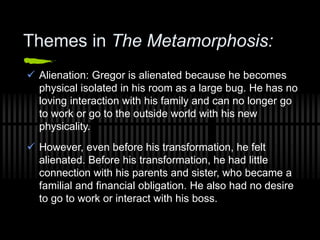 Themes in The Metamorphosis:
 Alienation: Gregor is alienated because he becomes
physical isolated in his room as a large bug. He has no
loving interaction with his family and can no longer go
to work or go to the outside world with his new
physicality.
 However, even before his transformation, he felt
alienated. Before his transformation, he had little
connection with his parents and sister, who became a
familial and financial obligation. He also had no desire
to go to work or interact with his boss.
 