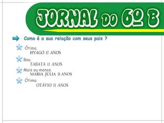 Ótima. HYAGO  11  ANOS Boa. TABATA  11  ANOS Mais ou menos. MARIA  JÚLIA  11 ANOS  Ótima. OTÁVIO  11  ANOS 