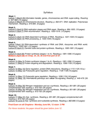 Syllabus
Week 1:
Lecture 1 (March 29) Information transfer, genes, chromosomes and DNA super-coiling. Reading
p. 947-962 (15 pages)
Lecture 2 (March 31) Chromosome structure. Reading p. 962-971. DNA replication. Polymerase
mechanism. Reading p. 975-984. (9 pages)
Week 2:
Lecture 3 (April 5) DNA replication stages and DNA repair. Reading p. 984-1003. (19 pages)
Lecture 4 (April 7) DNA recombination. Reading p. 1003-1016. (12 pages)
Week 3:
Lecture 5 (April 12) DNA-dependent synthesis of RNA. Reading p. 1021-1033 (12 pages).
Lecture 6 (April 14) RNA processing. p. 1033-1049 (16 pages)
Week 4:
Lecture 7(April 19) RNA-dependent synthesis of RNA and DNA; ribozymes and RNA world.
Reading p. 1049-1061 (12 pages).
Lecture 8 (April 21) Genetic code and protein synthesis. Reading p. 1065-1081 (16 pages)
Week 5:
Lecture 9 (April 26) Protein synthesis (stages 1 to 4). Reading p. 1081-1096 (15 pages)
Midterm (April 28) on Chap. 24, 25, 26 and first part of 27.
Week 6:
Lecture 10 (May 3) Protein synthesis (stages 1 to 4). Reading p. 1081-1096 (15 pages)
Lecture 11 (May 5) Protein targeting and degradation. Reading p. 1096-1109 (15 pages)
Week 7:
Lecture 12 (May 10) Gene regulation, protein-DNA interactions. Reading p 1115-1125 (10 p.)
Lecture 13 (May 12) Prokaryotic gene regulation. Reading p. 1126-1136 (10 pages).
Week 8:
Lecture 14 (May 17) Eukaryotic gene regulation. Reading p. 1036-1154 (18 pages).
Lecture 15 (May 19) Informational pathways and cellular bio-signaling Reading p. 449-479 (30
pages)
Week 9:
Lecture 16 (May 26) Nitrogen metabolism and aa s synthesis. Reading p. 851-881 (30 pages)
complemented with reading p. 673-702 (29 pages)
Lecture 16 (May 26) Nitrogen metabolism and aa s synthesis. Reading p. 851-881 (30 pages)
complemented with reading p. 673-702 (29 pages)
Week 10:
Lecture 17 (May 31) Aas synthesis. Reading p. 851-881 (30 pages) complemented with
reading p. 673-702 (29 pages)
Lecture 18 (June 2) Aas synthesis and nucleotide synthesis. Reading p. 882-896 (13 pages)
Final Exam on all Chapters-- Monday June 6th, 12 noon- 3 PM
For Honor students: the paper should be given before June 12.
 
