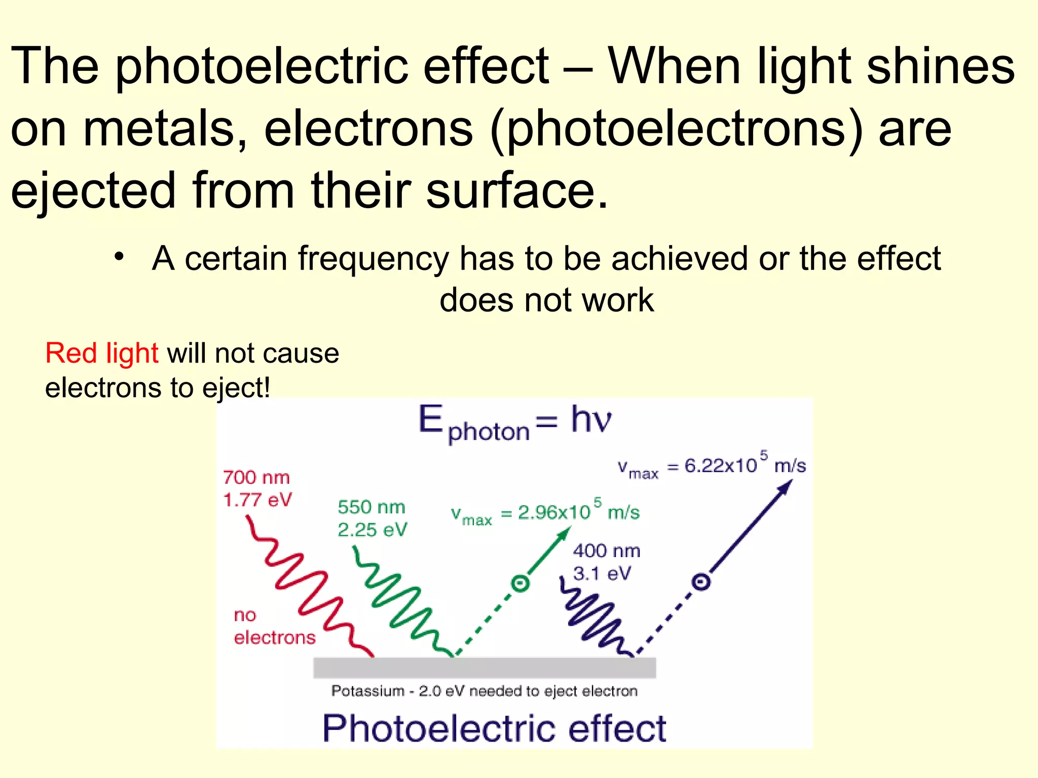 The photoelectric effect – When light shines
on metals, electrons (photoelectrons) are
ejected from their surface.
      • A certain frequency has to be achieved or the effect
                          does not work
 Red light will not cause
 electrons to eject!
 