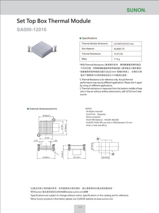 2-8
Specifications
Thermal Module Dimension
Sink Material
Thermal Resistance
Mass
L31xW31xH10.0 mm
AL6063-T5
14.0℃/W
11.8 g
External dimensions(mm)
Set Top Box Thermal Module
SA000-12016
NOTES:
‧ All Rights reserved
‧ Sink Finish：Degrease
‧ RoHS compliant
‧ PUSH PIN Material：NYLON-A63(V0)
‧ PLASTIC PUSH PIN use hole in PCB Diameter 2.9 mm
(hole in Heat Sink Ø3.1)
20.0±0.5
20.0±0.5
44.1±0.443.9±0.4
10.0±0.4
36.86±0.2
31.40
37.08±0.2
1.003.73
31.40
*熱阻(Thermal Resistance ) 數值僅供參考，實際數據會因應用產品
不同而改變，若需精確數據請將散熱模組置入應用產品中重新量測。
*該數據是將散熱模組放置於10x10 mm2
面積的熱源上，在開放式無
風流干擾環境中於散熱模組底部正中央量測的溫度。
*1 Thermal Resistance is for reference only. Actual thermal
performance may vary by different applications. Please test it again
by using on different applications.
*2 Thermal resistance is measured from the bottom middle of heat
sink in free air without airflow obstructions, with 10*10 mm2 heat
source.
*此產品目錄之規格僅供參考，如有變更無法預先通知，請以業務提供的產品規格書為準。
*更多Sunon 產品資訊請至SUNON網站www.sunon.com瀏覽。
*Specifications are subject to change without notice. Specifications in this catalog are for reference.
*More Sunon products information please visit SUNON website at www.sunon.com.
 