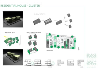 GROUND FLOOR
1.00
1.00
1.00
FACADESSECTIONS
RESIDENTIAL HOUSE - CLUSTER
IDEA. DEVELOPING THE FORM.
BRIGHTNESS OF THE LOT
HOUSE WITH ROOFTOP GARDEN
HOUSE WITH ROOFTOP GARDEN
HOUSE WITH GARDEN
TYPES OF TERRACES AND GARDENS
HOUSING IN SMALL
RESIDENTIAL UNITS FOR THREE
FAMILIES. THE SUN - FACTOR
FOR SEPARATION FROM ONE
MASS INTO THREE SMALLER
MASSES WITH GOOD LIGHTNING.
THE LETTERS L,T,S LIKE
STARTING IDEA FOR FORMING
OF THE UNIT - HOUSE.
ROOFTOP GARDEN ON EVERY
INDIVIDUAL UNIT FOR THEIR
OWN INDIVIDUAL USE, AND ONE
WIDE SPACE FOR UNIFICATION.
 