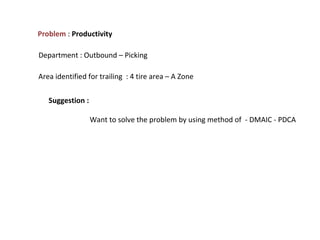 Problem : Productivity
Department : Outbound – Picking
Area identified for trailing : 4 tire area – A Zone
Suggestion :
Want to solve the problem by using method of - DMAIC - PDCA
 