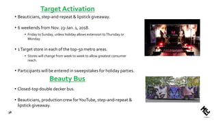Target Activation
• Beauticians, step-and-repeat & lipstick giveaway.
• 6 weekends from Nov. 23-Jan. 1, 2018.
• Friday to Sunday, unless holiday allows extension toThursday or
Monday.
• 1Target store in each of the top-50 metro areas.
• Stores will change from week to week to allow greatest consumer
reach.
• Participants will be entered in sweepstakes for holiday parties.
38
Beauty Bus
• Closed-top double decker bus.
• Beauticians, production crew forYouTube, step-and-repeat &
lipstick giveaway.
 