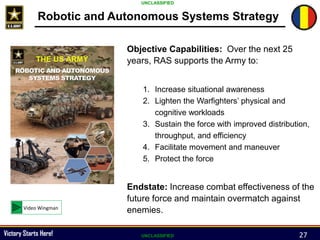 Victory Starts Here!
Robotic and Autonomous Systems Strategy
Objective Capabilities: Over the next 25
years, RAS supports the Army to:
1. Increase situational awareness
2. Lighten the Warfighters’ physical and
cognitive workloads
3. Sustain the force with improved distribution,
throughput, and efficiency
4. Facilitate movement and maneuver
5. Protect the force
Endstate: Increase combat effectiveness of the
future force and maintain overmatch against
enemies.Video Wingman
27
UNCLASSIFIED
UNCLASSIFIED
 