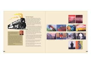 48 49
Rail Kala Sangam
Indian Railways is a unique organisation which was intricately
connected to Nation's formation and Freedom Struggle. In fact it
became instrument of both the colonisers as well as freedom
fighters. And then quickly became the vehicle of national
integration and newly born Nation's ambitious efforts to rapidly
grow and modernise its economy. How to capture people's
impressions of these numerous facets of this colossus called
Indian Railway was a challenge!
Indian Railways are looked upon as having multifarious roles
in the service of the Nation. While they are appropriately seen
as mainstay of the country's thriving economy, at the same time
they play a critical role in the national integration.
Environmental friendliness of the Railways compared to all other
modes of transport is well established. It is a major source of
livelihood for multitudes of people, apart from about 1.4 million
directly employed staff and another 1 million indirectly employed
people viz. Coolies, Hamals, Transports etc.
To highlight the above aspects of Railways, particularly through the
eyes of artist community, Nagpur Division organized a Rail Art-Fest
named“RAIL KALA SANGAM”under the aegis of Central Railway
Cultural Academy and South Central Zone Cultural Centre, Nagpur
on the eve of 64 Republic Day of India.
The medium chosen was Canvas and occasion was 'Republic Day
2013'. 21 Artistes from all over India came together to give
expression to their feelings towards IR.
Their creations and copies thereof have been displayed at public
places on stations, offices for viewing.
Artistes who participated had deep appreciation for IR and its contribution to
nation building which clearly reflected in their paintings, for appreciation of all.
About 21 artists of National repute from all over the
country were invited to participate and make
acrylic and oil paintings on the Indian Railways
theme.
Rail Kala Sangam drew exceptionally good response wherein Artists
from Amritsar, Bijapur, Bengaluru, Ballabhpur, Surat, Visakhapatnam,
Vijayanagar & Kolkata travelled long distances to participate on this
Kala Sangam, in addition to local Artists, general public and media. A
total of 42 beautiful canvas paintings were created over a period of
two days in the lovely ambience of Satpuda Railway Club. The artists
drew on various themes depicting railway locomotives, life on
platforms, Railway landscapes, environmental friendliness of
Railways, speed, life inside a train etc., and these included objective
as well as abstract ideas.
R B Deshmukh, Ex Sr. DEE-G / NGP
Railways on the Move By- Bijoy Biswal
Emerging From Mountain By L G Parashar Life - Arjun Darokar By Dr. Piprikar, CMS
Crossing The City
By- Raghawendra Patil
Towards Inﬁnity
By- Dhananjay Jathar
Black Beauty by Durgesh Way of life by Narpat Singh, DOM, NGP
Track on to life by Aashish Deharia
Rusty - By Shashikant Rewade Santra Nagari - By Nana Misal Chhuk-Chhuk Gadi - By Vikas Joshi
 