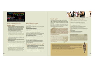 56 57
“Railway Protection Force of Nagpur Division had been in the forefront in controlling unauthorized hawkers/vendors, touts etc. and other petty crime
under Railway Act. Nearly 9969 Railway Act cases was booked in the year 2012 and in 2013 from January to September nearly 7515 Railway Act cases
was booked. In .the last 02 years, the detection rate of crime under RP (UP) had been 95%.
There had been a better co-ordination with GRP and local police for controlling passenger crime, rail roko and other law and order issues. RPF had
provided bandobust for the RRB, RRC examinations as well as during the visit of Railway Minister to the division.
In the prosecution side, nearly 207 RP (UP) cases disposed off in the Railway Court in the last two years.”
(A.Ibrahim Sheriff)
Sr.Divisional Security Commissioner, R.P.F., Nagpur
We reached the station at 12.07 am. There is no problem with the
parking lot if a lone girl goes in the night, since the current parking for two
wheelers is in a secluded area, some distance from the station entrance.
But we managed to park our vehicle in the staff parking, on the immediate
left once one enters the station premises. We bought a platform ticket and
headed to platform number 3 on which the Madurai-H.Nizamuddin train
was scheduled to arrive in some time.
The train arrived a little late and we took a walk down the length of the
platform. There were policemen at regular intervals. Even after the train
departed, the alert policemen kept patrolling the platform. We sat there
for some more time and then headed to platform number 1. There again,
we spent another peaceful 15 minutes and felt extremely safe. There was
no feeling of nervousness at the station, it felt quite safe. Finally, at about
1.30 am, we left the station.
Total Area Available on Eastern Side 100,000 M2
Construction Area (with FSI 1.5) 150,000 M2
Built Up Area Required for New World Class Station Building 50,000 M2
Cost of Construction(Rly’portion) Rs 125 Cr
Saleable Area net revenue@ Rs 75,000/- per M2 100,000 M2
Total Expected Revenue from Sale Rs 750 Cr
Novel Coach Indicator/Coach
Guidance System
 A Novel Coach Indicator/Coach Guidance system was thought of
providing for Betul which consists of fixed Coach Indicator boards
for all 24 coaches on platform coupled with one or more LCD
screens showing coach position from engine for guidance of
passengers. Working satisfactorily since 13.05.2013.
 It is possible to provide this system without incurring huge
expenditure as mentioned above thus not only achieving
considerable savings but also increasing Publicity Earning in the
process. Publicity Agencies are showing keen interest in the same
 Good appreciation from public and Media.
 LCD screen in addition is also showing Train Timing, instant Train
Location as also Platform number.
 The Train Timing and Instant Train Location position gets fed from
NTES on line automatically.
 In future, it will be possible to feed all the information automatically
on line through suitable software on which the division is working.
 The division is planning to extend this system to other stations with
M/E stoppages from where there is heavy demand of Coach
Indicator/Coach Guidance system.
 It will be possible to provide this system without incurring huge
expenditure (around 40 lac per PF) thus not only achieving
considerable savings but also increasing Publicity Earning in the
process. Publicity Agencies are showing interest in the same.
Public information system
STATION ENQUIRY:
Facility of round the clock enquiry called“Face To Face”enquiry y for all
types of enquiries.
LED BASED TRAIN INDICATOR BOARDS:
Provided at the entrance stations displaying information regarding 4
to 5 trains at once.
INTEGRATED TRAIN AND COACH INDICATOR BOARDS:
Passenger is able to get expected time of train arrival at the station and
locate his coach position at the same time on one single board.
REAL TIME TRAIN RUNNING POSITION:
This system shows the exact train position and last station passed by
the train on a television screen.
ELECTRONIC RESERVATION CHARTING:
The concept of paperless charting displays the Reservation charts in
multiple colours with big font size enabling easy and comfortable
viewing by the passengers.
Courtesy Seminars for Front-line-staff
 In order to train and groom the front-line-staff like: Ticket Checking
staff, RPF staff, Hospital staff and Station staff,
 Courtesy seminars were organized for providing tips on 3 basics of
courteous behaviour which costs nothing : Smile, Thank you & Sorry
 Professional faculties from local Management Schools were hired
for this purpose. This is a continuous on-going exercise.
Security System
Women reporters of Times of India, Nagpur visited various parts of
Nagpur City over a period of one week to gauge the safety of women
at late night hours. Their report has been published in the TOI, Nagpur
on 22.01.2013.
Nagpur Station was given the safety rating of 9 by them which is the
highest in the city compared to the rating of City Buses at 6, Malls at
6.5/8 etc. Following is the transcript of their report:
Nagpur – the world class station
 Nagpur Station was selected as one of the 22 stations to be developed as
world class station in 2008.
 Adequacy to deal with the projected traffic. especially in view of
commissioning of upcoming Cargo Hub and SEZ projects. 3 additional
platforms may have to be planned.
 Free flow of passengers within Station area.
 Providing world class interface to terminal passengers: Integration of
different modes of transportation with the railway station.
 Isolation of waiting passengers / escorts from the ones boarding /alighting
the train.
 Multi level parking.
 Seamless integration of various passenger interfaces.
 Commercial development to fund the project
 