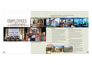 EMPLOYEES
are customerstoo
58 59
Running Rooms
 RECEPTION DESK AT NAGPUR RUNNING ROOM – It is for the
first time that a 24x7 reception desk with computerized
check in/check out facility exhibiting bed position in
running room at a glance has been introduced in CR.
 Subsidized meal is provided to running staff at all these
running rooms at Rs.1.50 to Rs.3.00.
 Good ambience, comfortable resting facilities, homely &
hygienic food, multi-functional Gym, peaceful Yoga &
meditation rooms are highlights of our running rooms.
 Choice of Bed booking – An In-house developed module
allows loco pilot to know the vacant beds of running room
at the time of sign off.
 8 AM freshness being maintained round the clock
Eco Friendly Lobbies
 Nagpur, Amla and Ballarshah - major crew booking lobbies
of this division designed in eco-friendly manner with
natural light & ventilation.
 As innovation, audio visual trouble shooting and safety
instructions are displayed through LED monitor.
 Canteen is opened in lobby itself, operated by running staff.
 100% booking being done on Crew Management System
(CMS).e of sign-off and he can book his choice of bed.
 Sign – Safe
– Web based CCTV Cameras provided at Nagpur, Amla
and Ballarshah lobbies to cross check the breath analyser
test from any remote location through broad band internet.
– Fuel sensor type breath analyzer with bio-metric
sensor is integrated with CMS – kiosk for accurate, authentic
and precise recording of breath analyzer test.
 8 AM freshness being maintained
round the clock
 Attractively upgraded Nagpur Lobby
with pleasant ambiance is amongst the
best lobbies on IR with heavy sign on /
off ...... hrs. running staff from both TRO
and Operating.
Running rooms & lobbies - A home away from home
with 8 AM freshness round the clock
Running Room, Ballarshah
‘Hasya Rang’organised by WSSC/NGP on 27.04.2013. On stage Kavi Adv Radheshyam,
Prof. Madhup Pande, Surendra Sharma and Dr. Sagar Khadiwala.
With Hasya Kavi - LR - Dr Meers Arora, Dr Sagar Khadiwala, Adv.
Radheshyam, President WSSC Mrs Jyoti Dixit, Mrs Manisha Borvanker,
Mrs Deepali Khare, Mrs Pooja Rabade and Mrs. Rachita Kumar
Reception counter at Running Room Loco pilot and Guard’s combined lobby, Nagpur
Running Room, Nagpur Running Room, Amla
 