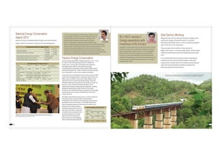 66 67
Traction Energy Conservation
Traction Energy expenditure of Nagpur Division in 2012-13 was
Rs. 428.58 Crores with alarming increase of 19.68% over
previous year. This was the second large item of Revenue
Expenditure after staff cost. During the year Energy
consumption has increased by 3.45% and the tariff increased
by Electricity Boards was 15.69%. Therefore, any effort towards
cost cutting had to cover traction energy conservation.
A special drive was launched for this by issuing a Pocket Folder
named“Urja Sanraksha Mantra”containing useful tips for Loco
Pilots, Asstt. Loco Pilots, Control staff, Station Masters other
Supervisors etc. for conserving Traction Energy. These tips
included: Shutting of locomotives if wait for the line clear is to
be more 1 hour, coasting in the Down gradient, use of
regenerative braking, avoiding signal on approach, avoiding
passage through loop line, faster removal of the speed
restrictions etc. Individual staff were contacted and counselled
by their Supervisors, Seminar and Workshops were held to
create awareness.
Trip Rations were fixed for various trains in various sections of
the division, Green cards and white cards have been
introduced for LPs and ALPs to record energy consumed and
generated at the end of the trips. Customised software has
been developed to keep track and monitor the above. Star
ratings of Loco Pilots have been
introduced starting with 5 stars for
over 30% conservation. More than
50 staff has been awarded for their
improved performance. Results
after four months of drive have
been found to be mind boggling
with the following improvements:
Ghat Section Working
Nagpur division has two major ghat sections in Nagpur-Itarsi
sections viz. Teegaon-Chichonda section (17 Kms) and
Maramjhari-Dharakhoh section (13 Kms.) having the gradients
upto 1 in 60 and 1 in 65 respectively.
These two ghat sections define the line capacity of
Nagpur-Itarsi section. In the busy traffic season, with increased
number of loaded Goods trains they really become the bottle
neck.
It was realised that there were large number of operational
restrictions in these sections which needed a review after
improvements brought about in the braking, and powering of
trains. This focussed attention and effort resulted in the
following operational improvements:
8.34
7.68
6.64
6.99
6.75
8.04 7.96 7.95
2012
(Avg. 7.68)
(Avg. 6.76)
SPECIFIC ENERGY CONSUMPTION
JUN JUL AUG SEP
2013
Rs.1.56 Cr saving in
Energy expenditure with
investment of Rs.9.8 lacs
Segregation of commercial and domestic loads at Ajni sub-station has been
done after carrying out certain modifications in distribution network units
total revenue expenditure of approx. Rs.9.8 lacs. Prior to the segregation,
Electrical billing for entire load was being done at commercial tariff of
Rs.9.83 per unit. However after segregation, Electricity Board has started
charging electric bill separately for commercial load and domestic load. As a
result, total saving in Energy bill will be approximately Rs.1.56 crore yearly.
S K Shukla Sr DEE / G / NGP
“ Human resource management is the key to success , keeping in mind
we have upgraded running rooms to have 8 AM feeling to begin with
naming it with the names of rivers like Triveni, Tapti, Godavari and
Narmada to reflect the ambience of the running room right from
entrance, luxurious gardens, reception desks, gym equipments, yoga
facilities, subsidized meal and all outsourcing facilities with ISO 9001:2008 certification
have been created. When going for duty from lobby an excellent atmosphere in lobby
with better resting facilities, displaying of their names for good work done and
distributing awards periodically, timely promotions and training has resulted in drastic
improvements in productivity like punctuality, higher engine kilometers, higher average
speed, reduction in Specific Energy Consumption and accident free division.”
2722, New Delhi-Secunderabad, Dakshin Express hauled by a WAP-7 loco emerging from tunel and moving
over Viaduct No. 2 in picturesque Dharakhoh - Moramziri Ghat Section. Picture courtesy - Arzan Kotwal
DRM Nagpur shri. Brijesh Dixit, receiving award at the hands of President of India Hon’ble Pranab
Mukharjee in presence of Shri Jyotiraditya Scindia, Hon’ble Minister of States for Power (Independent
Charge) at Vigyan Bhavan, New Delhi on 16.12.2013
National Energy Conservation
Award-2013
Ministry of Power has Awarded National Energy Conservation Award to
Nagpur Station for excellence in Energy Conservation Management.
Energy Conservation at Nagpur Station
2011-12 2012-13
Total connected load 1061 kW 1175 kW
Total Electrical Energy Consumption 14.68789 11.63657
lacs units lacs units
Annual Electricity savings for 2012-13 (in units) 3.05132 lac units
Annual Energy savings for 2012-13 (in Rs.) Rs. 33.289 lacs
Energy savings achieved over previous year 20.77%
Energy Management in Nagpur Division
Energy 2011-12 2012-13 2013-14 % comparison
Consumption 2013-14 Vs 2012-13
Connected Load 17865 17955 18500 3.21
in KW
Unit Consumption 195.32 (Upto 201.43 (Upto 123.7 (Upto 2.97
in lakhs Oct. 123.15) Oct. 127.49) Oct. 13)
Amount paid 1559.91 (Upto 1829.80 (Upto 1103.19 (Upto 7.68
in lakhs Oct. 940.90) Oct. 1195.04) Oct. 13)
Rebate from SEBs 37.320 51.573 110.012 113.31
upto Oct. (In lakhs)
Namdeo Rabade
Sr. DEE/TRO/NGP
 