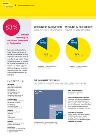 B2B-Entscheideranalyse 2014/158
Fachmedien sind ideale Werbe-
träger. Goutiert werden bei der
Lektüre von Fachmedien nicht nur
redaktionell aufbereitete Informati-
onen. Für die allermeisten Profes-
sionellen Entscheider ist Werbung
ein nützlicher Bestandteil in Fach-
medien – die in ihren Augen zu-
gleich das Image der werbenden
Unternehmen und ihrer Produkte
stärkt (das bestätigen 84 % der
Befragten).
WERBUNG IN FACHMEDIEN
IST NÜTZLICHER BESTANDTEIL
DIE QUANTITATIVE BASIS
DIE ERMITTLUNG DER PROFESSIONELLEN ENTSCHEIDER
WERBUNG IN FACHMEDIEN
STÄRKT POSITIV DAS IMAGE
Angaben in % , 1 = stimme voll und ganz zu,
6 = stimme überhaupt nicht zu
Angaben in %, 1 = stimme voll und ganz zu,
6 = stimme überhaupt nicht zu
84 %
stimmen zu (1-3)
… befinden
Werbung als
nützlichen Bestandteil
in Fachmedien
16 %
stimmen eher
nicht zu (4-6)
83 %
stimmen zu (1-3)
17 %
stimmen eher
nicht zu (4-6)
Darstellung schematisch. Fallzahl: 910 Interviews (netto),
davon 606 Interviews in 2013 und 304 Interviews in 2014.
40,2 Mio.
100 %
7,6 Mio.
19 %
2,3 Mio.
6 %
I M P R E S S U M
Herausgeber
Verein Deutsche Fachpresse
Bernd Adam, Geschäftsführer
Büro Frankfurt
Braubachstraße 16
60311 Frankfurt am Main
Tel.: 069 - 13 06 397
seiring@deutsche-fachpresse.de
www.deutsche-fachpresse.de
Projektbetreuung
Kommission AMF Mediamarketing
der Deutschen Fachpresse
Durchführung
Czaia Marktforschung
www.czaia-marktforschung.de
Redaktion
Karin Hartmeyer, Deutsche
Fachpresse
Texte
Susanne Broos,
www.redaktionsbuero-broos.de
Gestaltung
So eden · Visuelle Kommunikation,
Frankfurt, www.so-eden.de
Bildnachweise
© Juice Images, © Lichtbildatelier-M,
© gena96, © Monkey Business,
© lightpixel, © Aamon
Basis: Gesamtbevölkerung
Berufstätige (Voll- und Teilzeit)
Quelle: Mikrozensus 2012
davon: 19 % Professionelle Entscheider
Selbständige oder Freiberufler sowie Meister/
Poliere als Angestellte sowie Angestellte mit
Führungsaufgaben und Entscheidungsbefugnissen
bzw. mit selbstständigen, (begrenzt) verantwort-
lichen Tätigkeiten und einem monatlichen
Nettoeinkommen von mindestens 2.300 Euro
davon: 6 % Top-Entscheider
Inhaber, Mit-Inhaber oder leitende Mitarbeiter
mit Entscheidungskompetenz bezüglich
endgültiger Einkaufsentscheidungen oder
Budgetfreigaben für ein jährliches Ausgabe-
volumen ab 50.000 Euro
83 %
 