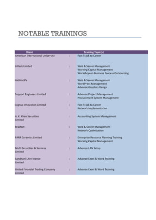 NOTABLE TRAININGS
Client	
   	
   Training	
  Topic(s)	
  
American	
  International	
  University	
   :	
   Fast	
  Track	
  to	
  Career	
  
	
   	
   	
  
Inflack	
  Limited	
   :	
   Web	
  &	
  Server	
  Management	
  
	
   	
   Working	
  Capital	
  Management	
  
	
   	
   Workshop	
  on	
  Business	
  Process	
  Outsourcing	
  
	
   	
   	
  
HatiHatiPa	
   :	
   Web	
  &	
  Server	
  Management	
  
	
   	
   WordPress	
  Management	
  
	
   	
   Advance	
  Graphics	
  Design	
  
	
   	
   	
  
Support	
  Engineers	
  Limited	
   :	
   Advance	
  Project	
  Management	
  
	
   	
   Procurement	
  System	
  Management	
  
	
   	
   	
  
Cygnus	
  Innovation	
  Limited	
   :	
   Fast	
  Track	
  to	
  Career	
  
	
   	
   Network	
  Implementation	
  
	
   	
   	
  
A.	
  K.	
  Khan	
  Securities	
   :	
   Accounting	
  System	
  Management	
  
Limited	
   	
   	
  
	
   	
   	
  
BracNet	
   :	
   Web	
  &	
  Server	
  Management	
  
	
   	
   Network	
  Optimization	
  
	
   	
   	
  
FARR	
  Ceramics	
  Limited	
   :	
   Enterprise	
  Resource	
  Planning	
  Training	
  
	
   	
   Working	
  Capital	
  Management	
  
	
   	
   	
  
Multi	
  Securities	
  &	
  Services	
   :	
   Advance	
  LAN	
  Setup	
  
Limited	
   	
   	
  
	
   	
   	
  
Sandhani	
  Life	
  Finance	
   :	
   Advance	
  Excel	
  &	
  Word	
  Training	
  
Limited	
   	
   	
  
	
   	
   	
  
United	
  Financial	
  Trading	
  Company	
   :	
   Advance	
  Excel	
  &	
  Word	
  Training	
  
Limited	
   	
   	
  
	
   	
   	
  
 