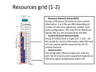 Resources grid (1-2)
• Resource Element Group (REG)
Groups of Resource Elements to carry control
information. 4 or 6 REs per REG depending on
number of reference signals per symbol, cyclic
prefix configuration. REs used for DL Reference
Signals (RS) are not considered for the REG.
• Control Channel Element (CCE)
Group of 9 REGs form a single CCE. 1 CCE = 36
REs usable for control information. Both REG and
CCE are used to specify resources for LTE DL
control channels.
• Antenna Port
One designated reference signal per antenna
port. Set of antenna ports supported depends on
reference signal configuration within cell.
 