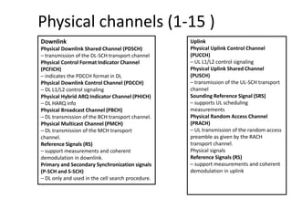 Physical channels (1-15 )
Downlink
Physical Downlink Shared Channel (PDSCH)
– transmission of the DL-SCH transport channel
Physical Control Format Indicator Channel
(PCFICH)
– indicates the PDCCH format in DL
Physical Downlink Control Channel (PDCCH)
– DL L1/L2 control signaling
Physical Hybrid ARQ Indicator Channel (PHICH)
– DL HARQ info
Physical Broadcast Channel (PBCH)
– DL transmission of the BCH transport channel.
Physical Multicast Channel (PMCH)
– DL transmission of the MCH transport
channel.
Reference Signals (RS)
– support measurements and coherent
demodulation in downlink.
Primary and Secondary Synchronization signals
(P-SCH and S-SCH)
– DL only and used in the cell search procedure.
Uplink
Physical Uplink Control Channel
(PUCCH)
– UL L1/L2 control signaling
Physical Uplink Shared Channel
(PUSCH)
– transmission of the UL-SCH transport
channel
Sounding Reference Signal (SRS)
– supports UL scheduling
measurements
Physical Random Access Channel
(PRACH)
– UL transmission of the random access
preamble as given by the RACH
transport channel.
Physical signals
Reference Signals (RS)
– support measurements and coherent
demodulation in uplink
 