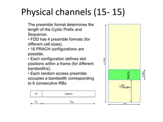 Physical channels (15- 15)
The preamble format determines the
length of the Cyclic Prefix and
Sequence.
• FDD has 4 preamble formats (for
different cell sizes).
• 16 PRACH configurations are
possible.
• Each configuration defines slot
positions within a frame (for different
bandwidths).
• Each random access preamble
occupies a bandwidth corresponding
to 6 consecutive RBs.
 