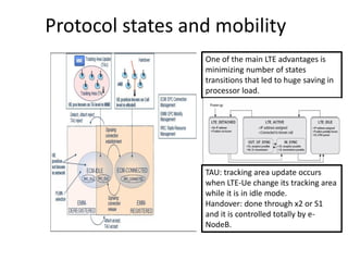 Protocol states and mobility
One of the main LTE advantages is
minimizing number of states
transitions that led to huge saving in
processor load.
TAU: tracking area update occurs
when LTE-Ue change its tracking area
while it is in idle mode.
Handover: done through x2 or S1
and it is controlled totally by e-
NodeB.
 