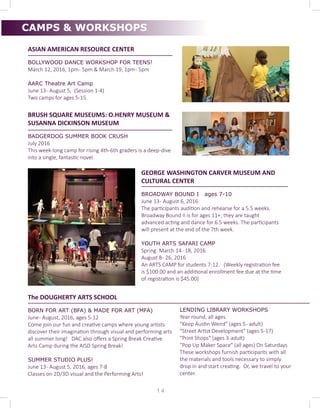 ASIAN AMERICAN RESOURCE CENTER
	
BOLLYWOOD DANCE WORKSHOP FOR TEENS!
March 12, 2016, 1pm- 5pm & March 19, 1pm- 5pm
AARC Theatre Art Camp
June 13- August 5, (Session 1-4)
Two camps for ages 5-15.
BRUSH SQUARE MUSEUMS: O.HENRY MUSEUM &
SUSANNA DICKINSON MUSEUM
BADGERDOG SUMMER BOOK CRUSH
July 2016
This week-long camp for rising 4th-6th graders is a deep-dive
into a single, fantastic novel.
GEORGE WASHINGTON CARVER MUSEUM AND
CULTURAL CENTER
BROADWAY BOUND I ages 7-10
June 13- August 6, 2016		
The participants audition and rehearse for a 5.5 weeks.
Broadway Bound II is for ages 11+; they are taught
advanced acting and dance for 6.5 weeks. The participants
will present at the end of the 7th week.
	
YOUTH ARTS SAFARI CAMP
Spring: March 14- 18, 2016
August 8- 26, 2016
An ARTS CAMP for students 7-12. (Weekly registration fee
is $100.00 and an additional enrollment fee due at the time
of registration is $45.00)
The DOUGHERTY ARTS SCHOOL
BORN FOR ART (BFA) & MADE FOR ART (MFA)
June- August, 2016, ages 5-12
Come join our fun and creative camps where young artists
discover their imagination through visual and performing arts
all summer long! DAC also offers a Spring Break Creative
Arts Camp during the AISD Spring Break!
SUMMER STUDIO PLUS!
June 13- August 5, 2016, ages 7-8
Classes on 2D/3D visual and the Performing Arts!
CAMPS & WORKSHOPS
1 4
LENDING LIBRARY WORKSHOPS
Year round, all ages
"Keep Austin Weird" (ages 5- adult)
"Street Artist Development" (ages 5-17)
"Print Shops" (ages 3-adult)
"Pop Up Maker Space" (all ages) On Saturdays
These workshops furnish participants with all
the materials and tools necessary to simply
drop in and start creating. Or, we travel to your
center.
 
