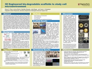 `
3D Engineered bio-degradable scaffolds to study cell
microenvironment
Diana H. Pham, Amina Rahimi, Mariëtte Wessels, Julia Binger, and Carla V. Finkielstein
Integrated Cellular Responses Laboratory-Department of Biological Sciences-Virginia Tech
Abstract
The increased stiffness of the extracellular matrix (ECM) is believed to facilitate
malignant cell migration likely due to clustering integrins and an increase in Rho
activity. Since the rigid substratas of 2D cultures intensify this issue, studies move
towards using compliant 3D ECM cultures. The aim of this study is to include a
vascular system in a 3D-scaffold model to test the effects of ECM stiffness on the
phenotype of malignant mammary epithelial cells. The effect of matrix stiffness on
cell morphology is therefore examined in a system that more closely represents the
physiological environment that cells experience in vivo. The procedure for creating
the 3D ECM involves, essentially, printing a 3D carbohydrate structure that is used
as a temporary structure. The carbohydrate structure is coated with poly(d-lactide-
co-glycolide) (PDLGA) to facilitate controlled diffusion and support endothelial cells.
When this structure is put into a mixture of collagen and cell media, the
carbohydrate lattice in the structure dissolves, leaving the PDLGA as channels for
flow of nutrients and other necessary substances while encasing it in a collagen
ECM. The concentration of collagen can then be varied within the ECM to resemble
different ECM stiffness. This study provides a way to examine how the ECM
stiffness affects the morphology and malignancy of cells with a vascular system to
further understand how mammary cells can undergo tumor formation and
metastasis.
Background
tissue engineering in creating 3D tissue models is tissue scaffolding. This
method uses a polymer structure as a temporary biocompatible surface that
allows the attachment and proliferation of cells while the cells develop their
own ECM. In this way the scaffold acts as a mediator for establishing a
structural, mechanical, and biochemical environment similar to one in the
human body.
Objectives
Methods
• Rapid Prototyping with Carbohydrates
• 3D Embedded Assay
• 3D On-Top Assay
• Cell Fixation with Immuno-staining and DNA Staining
Biomaterial Results
The 3D On-Top and 3D Embedded
assays with MDA-MB-231 cells and
collagen extracted from rat tails
(Figure 5A) were done as a
prototype for how the mammary
cells would culture in the 3D
system. Although there was
concern that the 1:1 dilution of
collagen with media to make 4
mg/mL of collagen would cause the
cells to be poorly suspended in a
3D Embedded Assay, that was not
the case for this collagen
concentration.
Discussion
References
• Huang S and Ingber DE. Cell tension, matrix mechanics, and cancer
development. Cancer Cell, [September 2005]; 8(3):175-176.
http://dx.doi.org/10.1016/j.ccr.2005.08.009.
• Lee GY, Kenny PA, Lee EH and Bissell MJ. Three-dimensional culture
models of normal and malignant breast epithelial cells. Nat Methods. [2007],
4: 359–365
• Miller JS, Stevens KR, Yang MT, Baker BM, Nguyen DH, et al. (2012) Rapid
casting of patterned vascular networks for perfusable engineered three-
dimensional tissues. Nat Mater 11: 768–774.
• Paszek MJ, Weaver VM. The tension mounts: Mechanics meets
morphogenesis and malignancy. J Mammary Gland Biol
Neoplasia. 2004;9:325–42.
• Paszek MJ, Zahir N, Johnson KR, Lakins JN, Rozenberg GI, et al. Tensional
homeostasis and the malignant phenotype. Cancer Cell. 2005;8:241–54.
ECM stiffness triggers integrins, which are
transmembrane mechanotraducing receptors, to
promote focal adhesion and fuel the Rho/ROCK
pathway, leading to cell contractility that heighten
ECM stiffness. As an interconnected pathway with
the EGFR/Erk signaling cascade, the increase of cell
contractility may in turn cause the EGFR/Erk
signaling to maintain the malignant phenotype of
mammary epithelial cells.
Figure 1. A mechanical autocrine
loop regarding ECM stiffness and
potential cell malignancy (From
Huang and Ingber 2005).
The importance of using 3D models to replicate the
human physiological environment has been well
established. One of the most prominent methods of
• Building 3D-scaffold mammary tissue model
with vascular system
• Produce carbohydrate structure with rapid
prototyping
• Coat carbohydrate structure with PGLA
polymer
• Dissolve carbohydrate structure while
encasing it in ECM material with mammary
endothelial cells leaving vascular channels
Carbohydrate structures are
fabricated using rapid prototyping
with an adapted MendelMax 3D
printer (Figure 3A) and Gcode.
Custom Gcode programs have been
created to print certain standard
carbohydrate structures. For more
complicated figures, a ‘slicing
software’ converts 3D drawings in
STL files (Figure 3B) into horizontal
layers (Figure 3C), calculates the
path for the extruder to print, and
converts this path into Gcode.
Although the ‘slicing software’
provides rapid conversion of a 3D
B C
Figure 3. A, The adapted MendelMax 3D printer with
printer interface. B, Imported STL file of 3D model for
scaffold. C, ‘Sliced’ 3D model.
models into Gcode, it currently does not calculate the extruder’s path
efficiently. his method of rapid prototyping succeeds in printing simple and
complex structures, including curved structures (Figure ). However, this
method currently cannot print structures where the bottom layers do not
directly support the upper layers.
The carbohydrate solution, a mixture of various polysaccharides with water, is
optimal after being heated slowly to 140°C in an aluminum beaker for
approximately 2 hours. After printing at roughly 110-120°C and solidifying, the
carbohydrate structure is ready to be coated in polymer.
After PLGA is prepared in chloroform, it is found that the carbohydrate
structure should be immersed in the PLGA solution for roughly 5 minutes and
dried for at least 15 minutes. The use of dye confirmed that the carbohydrate
lattice dissolves when structures are gelled in a collagen-media mixture,
leaving the PDLGA as channels in a collagen ECM matrix.
Figure 5. A, 3D Embedded Assay. B, MDA-MB-
231 cells with DAPI from a 3D On-Top Assay with
a scale. C, MDA-MB-231 cells with images with
DAPI, GFP, Tranmission, and a combination of all
three from a 3D On-Top Assay.
Figure 6. Carbohydrate structures. A and B, Top and
side view of simple scaffold designed with cylinder
ends for inlet and outlet access. C, Curved Scaffold. D
and E, Top and side views of Sphere Structures. F and
G, Top and side view of square tree-like structure. H,
Geometric patterned structure. I, Structure modeling a
tree. J, Image of authentic tumor vasculature.
This study shows progress in the
increased ability to model tissue. The
increased complexity of the
vasculatures that can be modeled, the
determination of standard procedures
for preparing the carbohydrate solution
and coating the structure with PLGA,
and the successful 3D assays show
the promise that MDA-MB-231 cells
can be successfully cultured on those
scaffolds. When multiple cell types are
seeded on the vasculature and flow
established, the system can then test
the effects of ECM stiffness on cell
morphology with particular attention to
integrin clustering, Rho activity, and
the EGFR/Erk signaling pathways.
Current work is done to create stable
inlet and outlet flow (Figure 6A and B).
The ability of the printing system to
spheres and bridges can also be
expanded to model tumor vasculature.
Figure 6D and E particularly show
promise in fabricating tumor
vasculature where branches inside a
sphere can resemble arteries and
veins within a tumor. Additionally,
Figure 6I shows the extensive
branching that can be possibly printed
to closely model actual tumor
vasculature (Figure 6J).
B
C
D
E
F G
H
J
Figure 4. Images of the procedure for extracting and
preparing collagen for use.
• Flow media, vascular endothelial cells, and other necessary biochemicals
or biomaterials in the PLGA channels
• Test effects of ECM stiffness on the phenotype of malignant mammary epithelial
cells
• Vary collagen concentration in culture to resemble different ECM stiffness
• Use staining and fluorescence to view cell morphology, particularly acini
formation and integrin clustering
Figure 2. Diagram modeling procedure
for tissue scaffolding
 