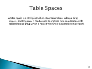 A table space is a storage structure, it contains tables, indexes, large
objects, and long data. It can be used to organize data in a database into
logical storage group which is related with where data stored on a system.
23
 