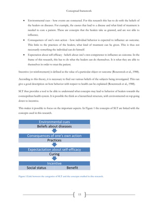 Conceptual framework
13
 Environmental cues - how events are connected. For this research this has to do with the beliefs of
the healers on diseases. For example, the causes that lead to a disease and what kind of treatment is
needed to cure a patient. These are concepts that the healers take as granted, and are not able to
influence.
 Consequences of one’s own action - how individual behavior is expected to influence an outcome.
This links to the practices of the healers; what kind of treatment can be given. This is thus not
necessarily something the individual can do himself.
 Expectation about self-efficacy - beliefs about one’s own competence to influence an outcome. In the
frame of this research, this has to do what the healers can do themselves. It is what they are able to
themselves in order to treat the patient.
Incentive (or reinforcement) is defined as the value of a particular object or outcome (Rosenstock et al., 1988).
According to this theory, it is necessary to find out various beliefs of the subjects being investigated. This can
give a good description on how behavior with respect to health can be explained (Rosenstock et al., 1988).
SLT thus provides a tool to be able to understand what concepts may lead to behavior of healers towards the
cosmopolitan health system. It is possible the think as a hierarchical structure, with environmental on top going
down to incentive.
This makes it possible to focus on the important aspects. In Figure 1 the concepts of SLT are linked with the
concepts used in this research.
Figure 1 Link between the categories of SLT and the concepts studied in this research.
Incentive
Social status Benefit
Expectactation about self-efficacy
Curing
Consequences of one's own action
Practices
Environmental cues
Beliefs about diseases
 