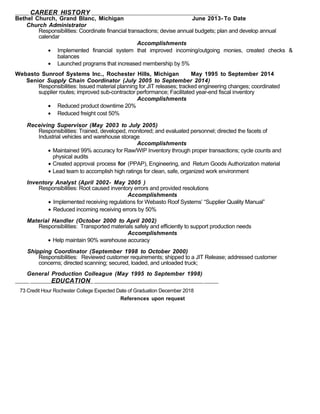 CAREER HISTORY
Bethel Church, Grand Blanc, Michigan June 2013- To Date
Church Administrator
Responsibilities: Coordinate financial transactions; devise annual budgets; plan and develop annual
calendar
Accomplishments
• Implemented financial system that improved incoming/outgoing monies, created checks &
balances
• Launched programs that increased membership by 5%
Webasto Sunroof Systems Inc., Rochester Hills, Michigan May 1995 to September 2014
Senior Supply Chain Coordinator (July 2005 to September 2014)
Responsibilities: Issued material planning for JIT releases; tracked engineering changes; coordinated
supplier routes; improved sub-contractor performance; Facilitated year-end fiscal inventory
Accomplishments
• Reduced product downtime 20%
• Reduced freight cost 50%
Receiving Supervisor (May 2003 to July 2005)
Responsibilities: Trained, developed, monitored; and evaluated personnel; directed the facets of
Industrial vehicles and warehouse storage
Accomplishments
• Maintained 99% accuracy for Raw/WIP Inventory through proper transactions; cycle counts and
physical audits
• Created approval process for (PPAP), Engineering, and Return Goods Authorization material
• Lead team to accomplish high ratings for clean, safe, organized work environment
Inventory Analyst (April 2002- May 2005 )
Responsibilities: Root caused inventory errors and provided resolutions
Accomplishments
• Implemented receiving regulations for Webasto Roof Systems’ “Supplier Quality Manual”
• Reduced incoming receiving errors by 50%
Material Handler (October 2000 to April 2002)
Responsibilities: Transported materials safely and efficiently to support production needs
Accomplishments
• Help maintain 90% warehouse accuracy
Shipping Coordinator (September 1998 to October 2000)
Responsibilities: Reviewed customer requirements; shipped to a JIT Release; addressed customer
concerns; directed scanning; secured, loaded, and unloaded truck;
General Production Colleague (May 1995 to September 1998)
EDUCATION
73 Credit Hour Rochester College Expected Date of Graduation December 2018
References upon request
 