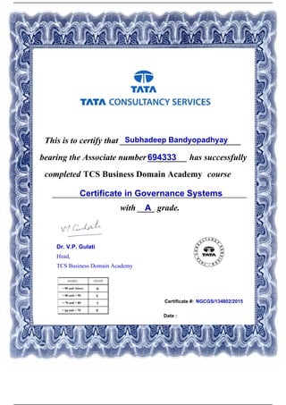 Certificate #:
This is to certify that ____________________________Subhadeep Bandyopadhyay
694333bearing the Associate number _________ has successfully
completed TCS Business Domain Academy course
Certificate in Governance Systems_____________________________________________
with ____ grade.A
NGCGS/134802/2015
Date :
Dr. V.P. Gulati
Head,
TCS Business Domain Academy
Powered by TCPDF (www.tcpdf.org)
 