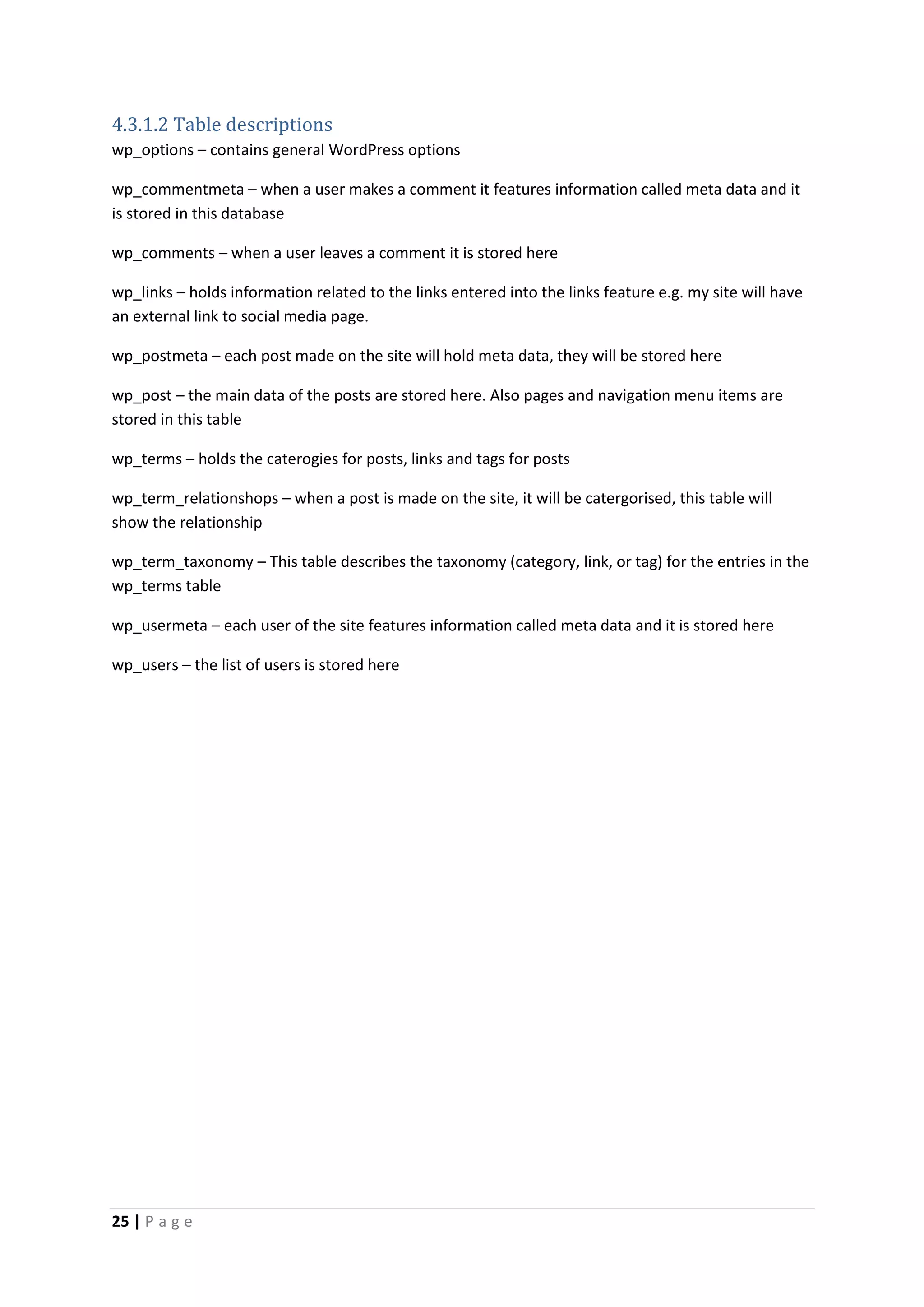 25 | P a g e
4.3.1.2 Table descriptions
wp_options – contains general WordPress options
wp_commentmeta – when a user makes a comment it features information called meta data and it
is stored in this database
wp_comments – when a user leaves a comment it is stored here
wp_links – holds information related to the links entered into the links feature e.g. my site will have
an external link to social media page.
wp_postmeta – each post made on the site will hold meta data, they will be stored here
wp_post – the main data of the posts are stored here. Also pages and navigation menu items are
stored in this table
wp_terms – holds the caterogies for posts, links and tags for posts
wp_term_relationshops – when a post is made on the site, it will be catergorised, this table will
show the relationship
wp_term_taxonomy – This table describes the taxonomy (category, link, or tag) for the entries in the
wp_terms table
wp_usermeta – each user of the site features information called meta data and it is stored here
wp_users – the list of users is stored here
 