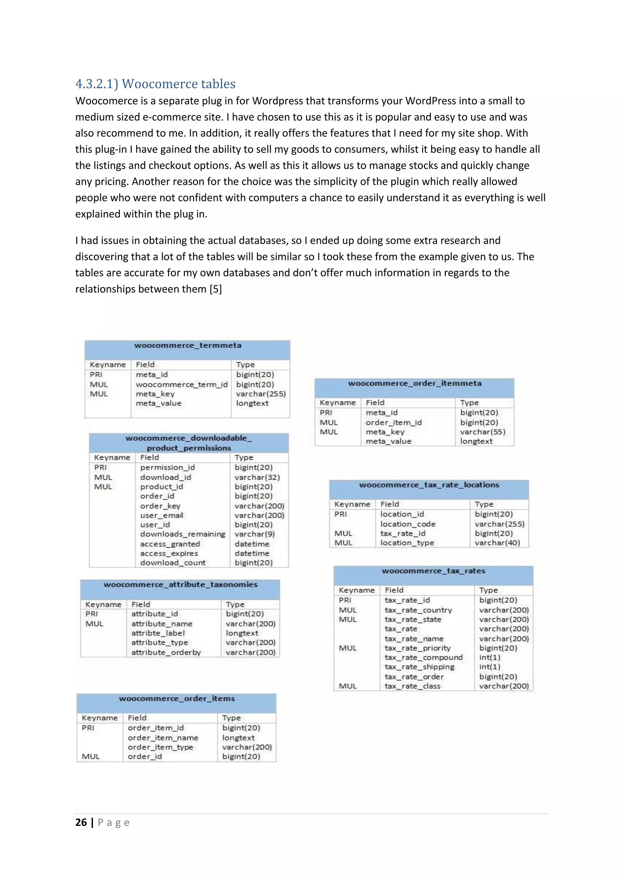 26 | P a g e
4.3.2.1) Woocomerce tables
Woocomerce is a separate plug in for Wordpress that transforms your WordPress into a small to
medium sized e-commerce site. I have chosen to use this as it is popular and easy to use and was
also recommend to me. In addition, it really offers the features that I need for my site shop. With
this plug-in I have gained the ability to sell my goods to consumers, whilst it being easy to handle all
the listings and checkout options. As well as this it allows us to manage stocks and quickly change
any pricing. Another reason for the choice was the simplicity of the plugin which really allowed
people who were not confident with computers a chance to easily understand it as everything is well
explained within the plug in.
I had issues in obtaining the actual databases, so I ended up doing some extra research and
discovering that a lot of the tables will be similar so I took these from the example given to us. The
tables are accurate for my own databases and don’t offer much information in regards to the
relationships between them [5]
 