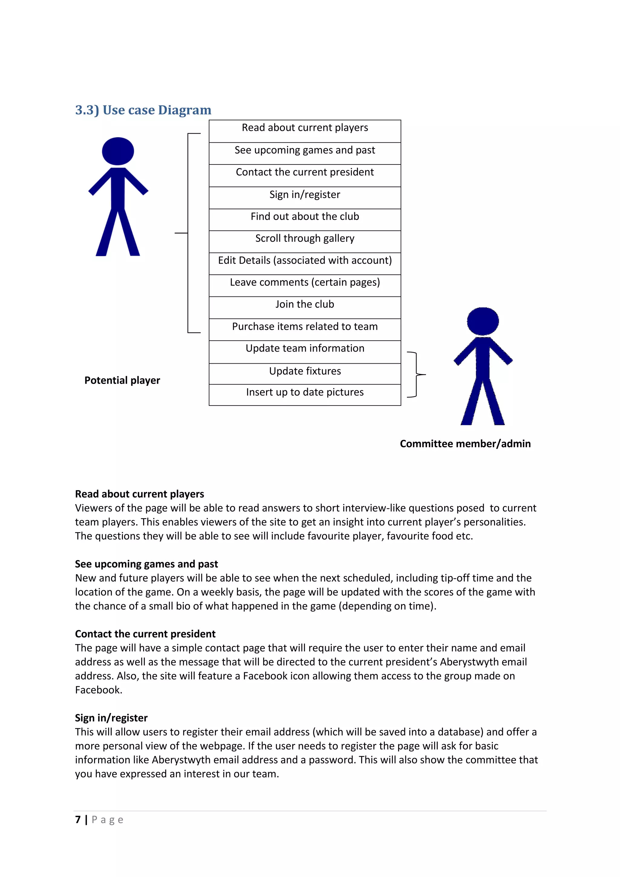 7 | P a g e
3.3) Use case Diagram
Read about current players
See upcoming games and past
Contact the current president
Sign in/register
Find out about the club
Scroll through gallery
Edit Details (associated with account)
Leave comments (certain pages)
Join the club
Purchase items related to team
Update team information
Update fixtures
Insert up to date pictures
Read about current players
Viewers of the page will be able to read answers to short interview-like questions posed to current
team players. This enables viewers of the site to get an insight into current player’s personalities.
The questions they will be able to see will include favourite player, favourite food etc.
See upcoming games and past
New and future players will be able to see when the next scheduled, including tip-off time and the
location of the game. On a weekly basis, the page will be updated with the scores of the game with
the chance of a small bio of what happened in the game (depending on time).
Contact the current president
The page will have a simple contact page that will require the user to enter their name and email
address as well as the message that will be directed to the current president’s Aberystwyth email
address. Also, the site will feature a Facebook icon allowing them access to the group made on
Facebook.
Sign in/register
This will allow users to register their email address (which will be saved into a database) and offer a
more personal view of the webpage. If the user needs to register the page will ask for basic
information like Aberystwyth email address and a password. This will also show the committee that
you have expressed an interest in our team.
Potential player
Committee member/admin
 