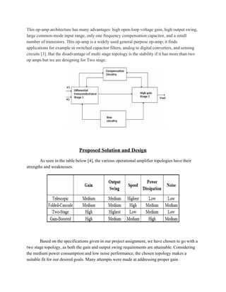 This op­amp architecture has many advantages: high open­loop voltage gain, high output swing, 
large common­mode input range, only one frequency compensation capacitor, and a small 
number of transistors. This op­amp is a widely used general purpose op­amp; it finds 
applications for example in switched capacitor filters, analog to digital converters, and sensing 
circuits [3]. But the disadvantage of multi stage topology is the stability if it has more than two 
op amps but we are designing for Two stage. 
 
 
Proposed Solution and Design 
As seen in the table below [4], the various operational amplifier topologies have their 
strengths and weaknesses. 
  
 
Based on the specifications given in our project assignment, we have chosen to go with a 
two stage topology, as both the gain and output swing requirements are attainable. Considering 
the medium power consumption and low noise performance, the chosen topology makes a 
suitable fit for our desired goals. Many attempts were made at addressing proper gain 
 