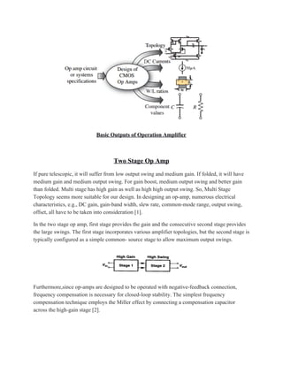  
Basic Outputs of Operation Amplifier 
 
Two Stage Op Amp 
If pure telescopic, it will suffer from low output swing and medium gain. If folded, it will have 
medium gain and medium output swing. For gain boost, medium output swing and better gain 
than folded. Multi stage has high gain as well as high high output swing. So, Multi Stage 
Topology seems more suitable for our design. In designing an op­amp, numerous electrical 
characteristics, e.g., DC gain, gain­band width, slew rate, common­mode range, output swing, 
offset, all have to be taken into consideration [1]. 
In the two stage op amp, first stage provides the gain and the consecutive second stage provides 
the large swings. The first stage incorporates various amplifier topologies, but the second stage is 
typically configured as a simple common­ source stage to allow maximum output swings. 
 
Furthermore,since op­amps are designed to be operated with negative­feedback connection, 
frequency compensation is necessary for closed­loop stability. The simplest frequency 
compensation technique employs the Miller effect by connecting a compensation capacitor 
across the high­gain stage [2]. 
 