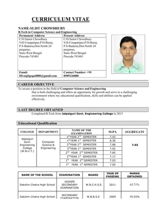 CURRICULUM VITAE
NAME-SUJIT CHOWDHURY
B.Tech in Computer Science and Engineering
Permanent Address Present Address
C/O:Samir Chowdhury
Vill-Umapatipur,P.O-Buruj,
P.S-Baduria,Dist-North 24
parganas,
State-West Bengal
Pincode-743401
C/O:Samir Chowdhury
Vill-Umapatipur,P.O-Buruj,
P.S-Baduria,Dist-North 24
parganas,
State-West Bengal
Pincode-743401
Email-
ID:sujitgopal880@gmail.com
Contact Number: +91
8509126880
CAREER OBJECTIVE
To secure a position in the field of Computer Science and Engineering
that is both challenging and offers an opportunity for growth and serve in a challenging
environment where my educational qualification, skills and abilities can be applied
effectively.
LAST DEGREE OBTAINED
Completed B.Tech from Jalpaiguri Govt. Engineering College in 2015
COLLEGE DEPARTMENT
NAME OF THE
EXAMINATION
SGPA AGGREGATE
Jalpaiguri
Govt.
Engineering
College
(W.B.U.T.)
Computer
Science &
Engineering
4 YEAR 2nd
SEMESTER 7.43
7.65
4 YEAR 1st
SEMESTER 8.38
3rd
YEAR 2nd
SEMESTER 7.88
3rd
YEAR 1st
SEMESTER 7.92
2nd
YEAR 2nd
SEMESTER 7.85
2nd
YEAR 1st
SEMESTER 7.17
1st
YEAR 2nd
SEMESTER 7.03
1st
YEAR 1st
SEMESTER 7.00
NAME OF THE SCHOOL EXAMINATION BOARD
YEAR OF
PASSING
MARKS
OBTAINED
Dakshin Chatra High School
HIGHER
SECONDARY
EXAMINATION
W.B.C.H.S.E. 2011 63.71%
Dakshin Chatra High School
SECONDARY
EXAMINATION
W.B.B.S.E 2009 70.55%
Educational Qualification
 