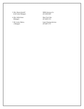 5. Mrs. Sharon Kenloff MDB Attorneys Co.
(Call Centre Manager) (011)560-6465
6, Mrs. Stella Green Maxi Taxi Cabs
(Manager)
7, Mr. Lesley Ndlovu
( Manager)
(011)648-1212
Lepro Cleaning Services
(011)487-1731
 