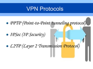 PPTP (Point-to-Point tunneling protocol)
IPSec (IP Security)
L2TP (Layer 2 Transmission Protocol)
VPN Protocols
 