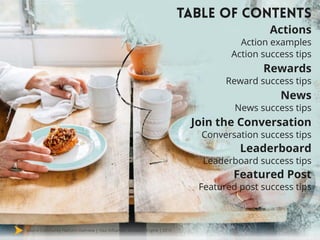 Mavrck Community Platform Overview | Your Influencer Activation Engine | 2015
Table of Contents
Actions
Action examples
Action success tips
Rewards
Reward success tips
News
News success tips
Join the Conversation
Conversation success tips
Leaderboard
Leaderboard success tips
Featured Post
Featured post success tips
 