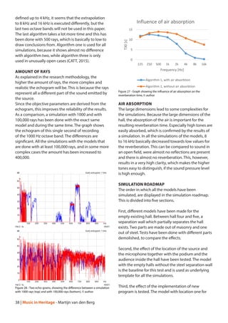 38 | Music in Heritage - Martijn van den Berg
AIR ABSORPTION
The large dimensions lead to some complexities for
the simulations. Because the large dimensions of the
hall, the absorption of the air is important for the
resulting reverberation time. Especially high tones are
easily absorbed, which is confirmed by the results of
a simulation. In all the simulations of the models, 8
to 16 kHz basically decreased towards low values for
the reverberation. This can be compared to sound in
an open field, were almost no reflections are present
and there is almost no reverberation. This, however,
results in a very high clarity, which makes the higher
tones easy to distinguish, if the sound pressure level
is high enough.
SIMULATION ROADMAP
The order in which all the models have been
simulated, are displayed in the simulation roadmap.
This is divided into five sections.
First, different models have been made for the
empty existing hall. Between hall four and five, a
separation wall which partially separates the hall
exists. Two parts are made out of masonry and one
out of steel. Tests have been done with different parts
demolished, to compare the effects.
Second, the effect of the location of the source and
the microphone together with the podium and the
audience inside the hall have been tested. The model
with the empty halls without the steel separation wall
is the baseline for this test and is used as underlying
template for all the simulations.
Third, the effect of the implementation of new
program is tested. The model with location one for
defined up to 4 kHz, it seems that the extrapolation
to 8 kHz and 16 kHz is executed differently, but the
last two octave bands will not be used in this paper.
The last algorithm takes a lot more time and this has
been done with 500 rays, which is basically to low to
draw conclusions from. Algorithm one is used for all
simulations, because it shows almost no difference
with algorithm two, while algorithm three is only
used in unusually open cases (CATT, 2015).
AMOUNT OF RAYS
As explained in the research methodology, the
higher the amount of rays, the more complex and
realistic the echogram will be. This is because the rays
represent all a different part of the sound emitted by
the source.
Since the objective parameters are derived from the
echogram, this improves the reliability of the results.
As a comparison, a simulation with 1000 and with
100,000 rays has been done with the exact same
model and during the same time. The graph shows
the echogram of this single second of recording
of the 1000 Hz octave band. The differences are
significant. All the simulations with the models that
are done with at least 100,000 rays, and in some more
complex cases the amount has been increased to
400,000.
0
5
10
15
125 250 500 1k 2k 4k 8k 16k
T30[s]
Frequency [Hz]
Influence of air absorption
Algorithm 1, with air absorbtion
Algorithm 1, without air absorbtion
Figure 27 - Graph showing the influence of air absorption on the
reverberation time, © author
Figure 28 - Two echo-grams, showing the difference between a simulation
with 1000 rays (top) and with 100,000 rays (bottom), © author
 