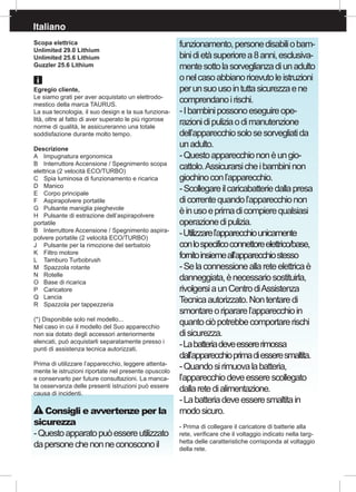 Italiano
Scopa elettrica
Unlimited 29.0 Lithium
Unlimited 25.6 Lithium
Guzzler 25.6 Lithium
Egregio cliente,
Le siamo grati per aver acquistato un elettrodo-
mestico della marca TAURUS.
La sua tecnologia, il suo design e la sua funziona-
lità, oltre al fatto di aver superato le più rigorose
norme di qualità, le assicureranno una totale
soddisfazione durante molto tempo.
Descrizione
A	 Impugnatura ergonomica
B	 Interruttore Accensione / Spegnimento scopa
elettrica (2 velocità ECO/TURBO)
C	 Spia luminosa di funzionamento e ricarica
D	Manico
E	 Corpo principale
F	 Aspirapolvere portatile
G	 Pulsante maniglia pieghevole
H	 Pulsante di estrazione dell’aspirapolvere
portatile
B	 Interruttore Accensione / Spegnimento aspira-
polvere portatile (2 velocità ECO/TURBO)
J	 Pulsante per la rimozione del serbatoio
K	 Filtro motore
L	 Tamburo Turbobrush
M	 Spazzola rotante
N	Rotelle
O	 Base di ricarica
P	 Caricatore 	
Q	Lancia
R	 Spazzola per tappezzeria
(*) Disponibile solo nel modello...
Nel caso in cui il modello del Suo apparecchio
non sia dotato degli accessori anteriormente
elencati, può acquistarli separatamente presso i
punti di assistenza tecnica autorizzati.
Prima di utilizzare l’apparecchio, leggere attenta-
mente le istruzioni riportate nel presente opuscolo
e conservarlo per future consultazioni. La manca-
ta osservanza delle presenti istruzioni può essere
causa di incidenti.
Consigli e avvertenze per la
sicurezza
-Questoapparatopuòessereutilizzato
dapersonechenonneconosconoil
funzionamento,personedisabiliobam-
binidietàsuperiorea8anni,esclusiva-
mentesottolasorveglianzadiunadulto
onelcasoabbianoricevutoleistruzioni
perunsuousointuttasicurezzaene
comprendanoirischi.
-Ibambinipossonoeseguireope-
razionidipuliziaodimanutenzione
dell’apparecchiosolosesorvegliatida
unadulto.
-Questoapparecchiononèungio-
cattolo.Assicurarsicheibambininon
giochinoconl’apparecchio.
-Scollegareilcaricabatteriedallapresa
dicorrentequandol’apparecchionon
èinusoeprimadicompierequalsiasi
operazionedipulizia.
-Utilizzarel’apparecchiounicamente
conlospecificoconnettoreelettrico/base,
fornitoinsiemeall’apparecchiostesso
-Selaconnessioneallareteelettricaè
danneggiata,ènecessariosostituirla,
rivolgersiaunCentrodiAssistenza
Tecnicaautorizzato.Nontentaredi
smontareoripararel’apparecchioin
quantociòpotrebbecomportarerischi
disicurezza.
-Labatteriadeveessererimossa
dall’apparecchioprimadiesseresmaltita.
-Quandosirimuovalabatteria,
l’apparecchiodeveesserescollegato
dallaretedialimentazione.
-Labatteriadeveesseresmaltitain
modosicuro.
- Prima di collegare il caricatore di batterie alla
rete, verificare che il voltaggio indicato nella targ-
hetta delle caratteristiche corrisponda al voltaggio
della rete.
 
