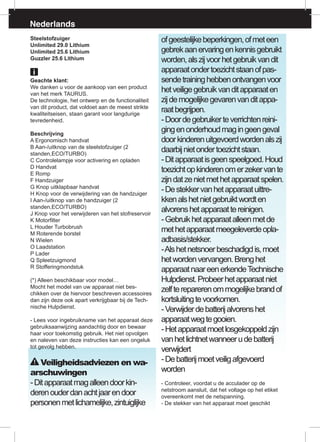 Nederlands
Steelstofzuiger
Unlimited 29.0 Lithium
Unlimited 25.6 Lithium
Guzzler 25.6 Lithium
Geachte klant:
We danken u voor de aankoop van een product
van het merk TAURUS.
De technologie, het ontwerp en de functionaliteit
van dit product, dat voldoet aan de meest strikte
kwaliteitseisen, staan garant voor langdurige
tevredenheid.
Beschrijving
A Ergonomisch handvat
B Aan-/uitknop van de steelstofzuiger (2
standen,ECO/TURBO)
C Controlelampje voor activering en opladen
D Handvat
E Romp
F Handzuiger
G Knop uitklapbaar handvat
H Knop voor de verwijdering van de handzuiger
I Aan-/uitknop van de handzuiger (2
standen,ECO/TURBO)
J Knop voor het verwijderen van het stofreservoir
K Motorfilter
L Houder Turbobrush
M Roterende borstel
N Wielen
O Laadstation
P Lader
Q Spleetzuigmond
R Stofferingmondstuk
(*) Alleen beschikbaar voor model…
Mocht het model van uw apparaat niet bes-
chikken over de hiervoor beschreven accessoires
dan zijn deze ook apart verkrijgbaar bij de Tech-
nische Hulpdienst.
- Lees voor ingebruikname van het apparaat deze
gebruiksaanwijzing aandachtig door en bewaar
haar voor toekomstig gebruik. Het niet opvolgen
en naleven van deze instructies kan een ongeluk
tot gevolg hebben.
Veiligheidsadviezen en wa-
arschuwingen
-Ditapparaatmagalleendoorkin-
derenouderdanachtjaarendoor
personenmetlichamelijke,zintuiglijke
ofgeestelijkebeperkingen,ofmeteen
gebrekaanervaringenkennisgebruikt
worden,alszijvoorhetgebruikvandit
apparaatondertoezichtstaanofpas-
sendetraininghebbenontvangenvoor
hetveiligegebruikvanditapparaaten
zijdemogelijkegevarenvanditappa-
raatbegrijpen.
-Doordegebruikerteverrichtenreini-
gingenonderhoudmagingeengeval
doorkinderenuitgevoerdwordenalszij
daarbijnietondertoezichtstaan.
-Ditapparaatisgeenspeelgoed.Houd
toezichtopkinderenomerzekervante
zijndatzenietmethetapparaatspelen.
-Destekkervanhetapparaatuittre-
kkenalshetnietgebruiktwordten
alvorenshetapparaattereinigen.
-Gebruikhetapparaatalleenmetde
methetapparaatmeegeleverdeopla-
adbasis/stekker.
-Alshetnetsnoerbeschadigdis,moet
hetwordenvervangen.Brenghet
apparaatnaareenerkendeTechnische
Hulpdienst.Probeerhetapparaatniet
zelftereparerenommogelijkebrandof
kortsluitingtevoorkomen.
-Verwijderdebatterijalvorenshet
apparaatwegtegooien.
-Hetapparaatmoetlosgekoppeldzijn
vanhetlichtnetwanneerudebatterij
verwijdert
-Debatterijmoetveiligafgevoerd
worden
- Controleer, voordat u de acculader op de
netstroom aansluit, dat het voltage op het etiket
overeenkomt met de netspanning.
- De stekker van het apparaat moet geschikt
 