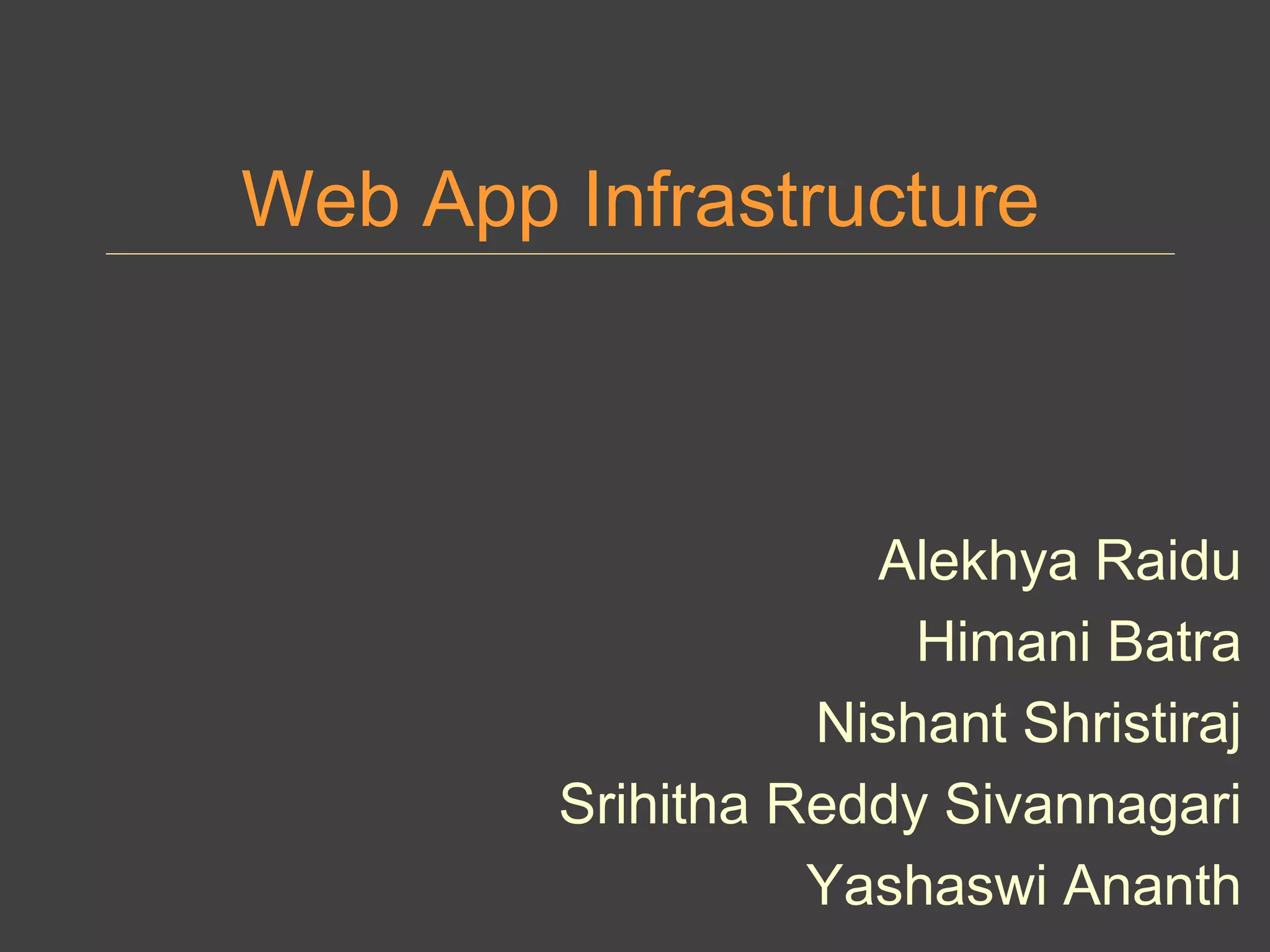 Web App Infrastructure
Alekhya Raidu
Himani Batra
Nishant Shristiraj
Srihitha Reddy Sivannagari
Yashaswi Ananth