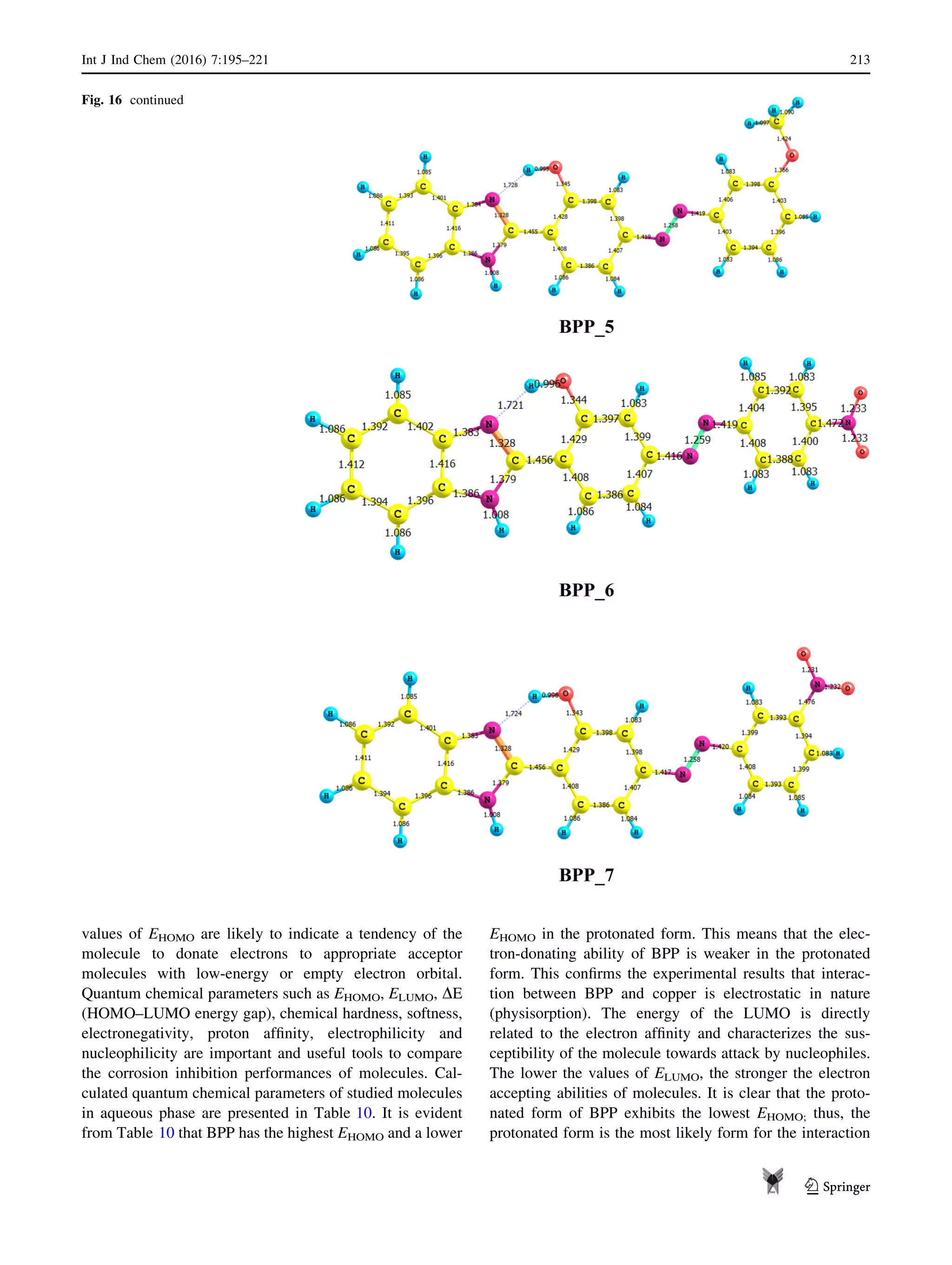 values of EHOMO are likely to indicate a tendency of the
molecule to donate electrons to appropriate acceptor
molecules with low-energy or empty electron orbital.
Quantum chemical parameters such as EHOMO, ELUMO, DE
(HOMO–LUMO energy gap), chemical hardness, softness,
electronegativity, proton afﬁnity, electrophilicity and
nucleophilicity are important and useful tools to compare
the corrosion inhibition performances of molecules. Cal-
culated quantum chemical parameters of studied molecules
in aqueous phase are presented in Table 10. It is evident
from Table 10 that BPP has the highest EHOMO and a lower
EHOMO in the protonated form. This means that the elec-
tron-donating ability of BPP is weaker in the protonated
form. This conﬁrms the experimental results that interac-
tion between BPP and copper is electrostatic in nature
(physisorption). The energy of the LUMO is directly
related to the electron afﬁnity and characterizes the sus-
ceptibility of the molecule towards attack by nucleophiles.
The lower the values of ELUMO, the stronger the electron
accepting abilities of molecules. It is clear that the proto-
nated form of BPP exhibits the lowest EHOMO; thus, the
protonated form is the most likely form for the interaction
Fig. 16 continued
Int J Ind Chem (2016) 7:195–221 213
123
 