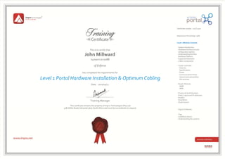 This is to certify that
7409055253088
of Enforce
has completed the requirements for
John Millward
Level 1 Portal Hardware Installation & Optimum Cabling
Date : 2015/04/13
Training Manager
This certificate remains the property of Impro Technologies (Pty) Ltd
47B Gillitts Road, Ashwood 3605 South Africa and must be surrendered on request.
Certificate number : /15CT2910
Assessment Percentage: 90%
Level 1 Modules Covered:
∙ System Introduction
∙ Hardware Architecture and
configuration options
∙ Understanding the New
Hardware Platform
∙ Supported Hardware
∙ 5 Main components
∙ Cluster controller
∙ Features
∙ Specifications
∙ Power
∙ Communications Ports
∙ General indicators(LEDs)
∙ DIP switches
∙ Reader Modules
∙ WRM
∙ ARM
∙ Product & Serial Numbers
∙ Fixed, Logical and IP addresses
∙ Readers
∙ Drop Boxes
∙ Quad receiver
∙ Digital IO Module
∙ Tags
∙ Installation Basics
∙ Understanding the systems
∙ Features
 