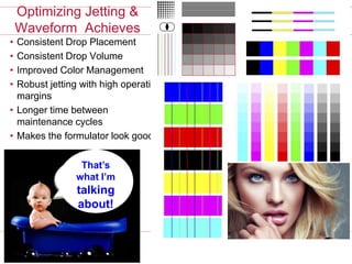 • Consistent Drop Placement
• Consistent Drop Volume
• Improved Color Management
• Robust jetting with high operating
margins
• Longer time between
maintenance cycles
• Makes the formulator look good
Optimizing Jetting &
Waveform Achieves
That’s
what I’m
talking
about!
 