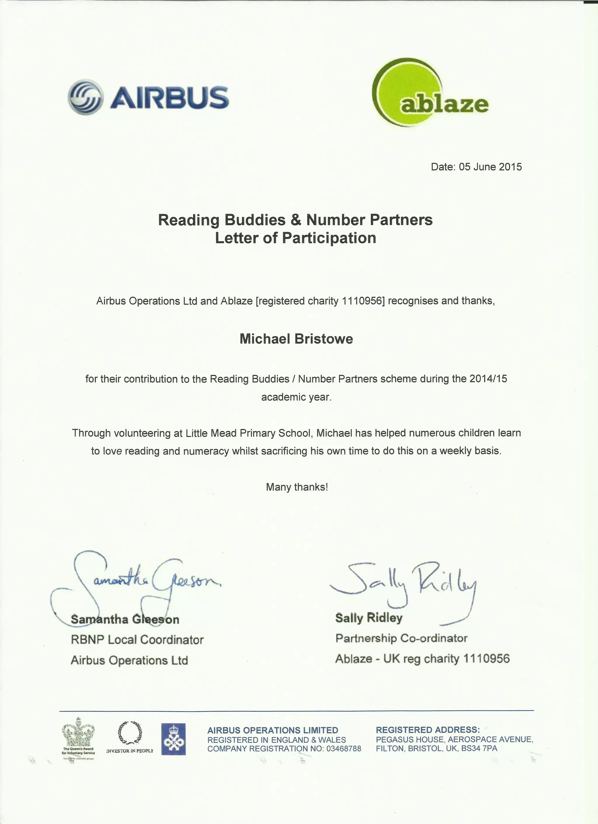 Reading Buddies Volunteering Certificate PDF