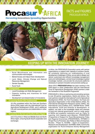 KEEPING UP WITH THE INNOVATION JOURNEY!
FACTS and FIGURES
PROCASUR AFRICA
1.	 5 Thematic Areas:
•	 Rural Microfinance and information and
communication technologies
•	 Market Access and Value Chain Development
•	 Land, Water, Climate Change and Natural
Resources Management
•	 Gender Equality
•	 Rural Youth
2.	 3 Components:
•	 Local Knowledge and Skills Management
•	 Capacity building and incentives for local
innovations
•	 Development and dissemination of innovations
3.	 23 Learning Routes (LRs) implemented:
18 LRs completed within the East and Southern
Africa (ESA) region with the International Fund for
Agricultural Development (IFAD), and 5 additional
LRs with several partners and stakeholders in other
regions
4.	 14 countries in the East and Southern Africa Region
and 3 Countries in West and Middle East and North
Africa region, ensuring South-South cooperation and
exchanges
In Africa, the PROCASUR Corporation works with partner
organizations to support their capacity to achieve results.
By constantly improving our understanding of rural
development challenges inAfrica, we are able to design and
deliver customized and efficient knowledge-management
tools and methodologies, connect local knowledge to global
knowledge markets, and provide the structured platforms
necessary to spread innovation and promote scaling up.
Since 2010, PROCASUR Africa has been working in the
ESA region in close collaboration with the International
Fund for Agricultural Development (IFAD) partners under
the framework of the RoutESA Programme.
PROCASUR in Africa is partnering and providing services
to over 30 partner organizations, clients and donors. Our
main partners include the International Fund for Agricultural
Development (IFAD), the Ford Foundation, the Food and
Agriculture Organization of the United Nations (FAO), the
International Development Research Centre (IDRC), the
International Land Coalition (ILC), OXFAM Novib, CARE
International, ILEIA and Diversity & Development. In
addition, we cater to the knowledge needs and interests
of local and national governments, and to a wide sector
of NGOs and academic institutions such as: Paths To
Learning, ULA (Uganda Land Alliance), PROSPERER
(Programme of Support for Rural Microenterprise Poles
and Regional Economies (PROSPERER), PPPMER II
(Projet Pour la Promotion des Petites et Micro Entreprises
Rurales - Phase II), ACORD – Agent of Cooperation,
Research and Development, DUHAMIC-ADRI, Community
organization for Rural Enterprise Activity Management
 