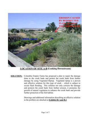 Page 3 of 7
EROSION CAUSED
BY REDIRECTED
FLOW AGAINST
THE CREEK BANK
CREEK FLOW
LOCATION OF SITE A-B (Looking Downstream)
SOLUTION: Columbia Empire Farms has proposed a plan to repair the damage
done to the creek bank and protect the creek bank from further
damage by using Vegetated Riprap. Vegetated riprap is a proven
and effective solution for this type of creek – which is subject to
severe flash flooding. This solution not only corrects the damage
and protects the creek bank from further erosion, it promotes the
growth of natural vegetation to enhance the creek bank and provide
further protection of the fish habitat.
Drawings and additional information describing an effective solution
to the problem are attached as Exhibits B.1 and B.2.
 
