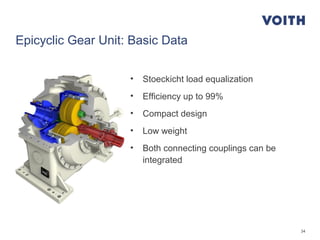 34
Epicyclic Gear Unit: Basic Data
• Stoeckicht load equalization
• Efficiency up to 99%
• Compact design
• Low weight
• Both connecting couplings can be
integrated
 