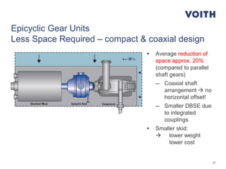 37
Epicyclic Gear Units
Less Space Required – compact & coaxial design
• Average reduction of
space approx. 20%
(compared to parallel
shaft gears)
– Coaxial shaft
arrangement  no
horizontal offset!
– Smaller DBSE due
to integrated
couplings
• Smaller skid:
 lower weight
lower cost
 